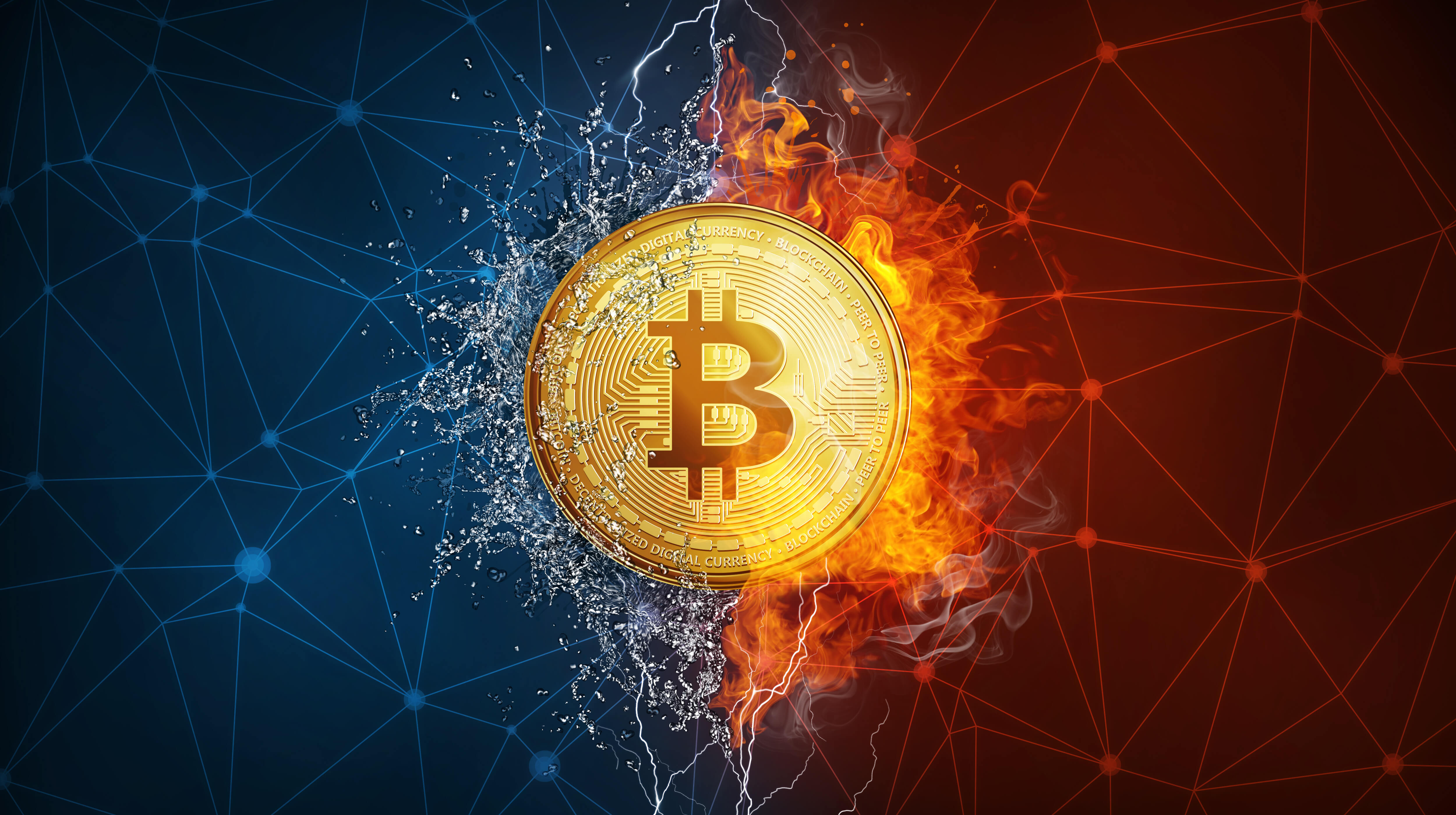 Bitcoin logo surrounded by blue color on the left half of the image and red color on the right half of the image