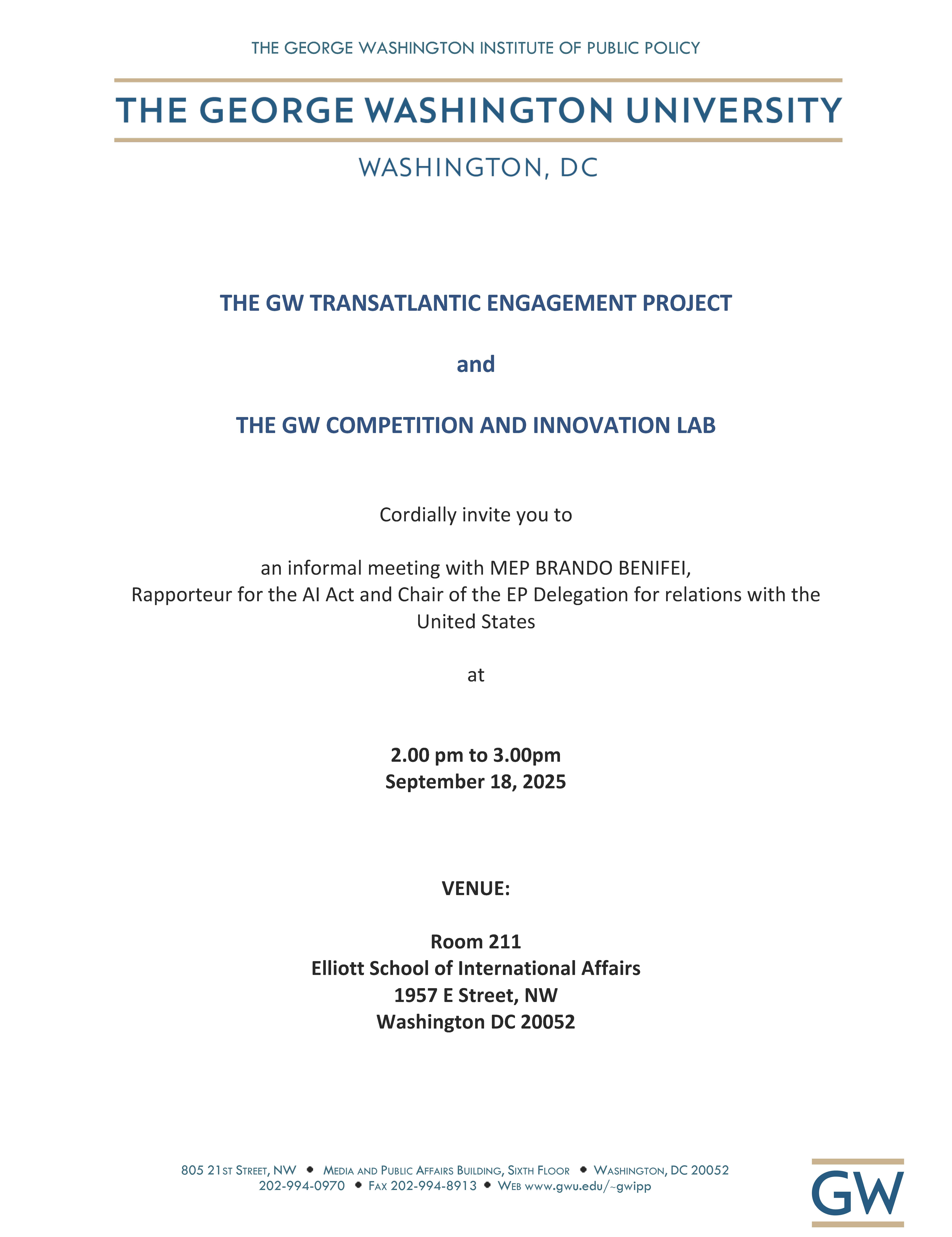Invitation for a private roundtable with Brando Benifei. All details in the image are available as text on the page.