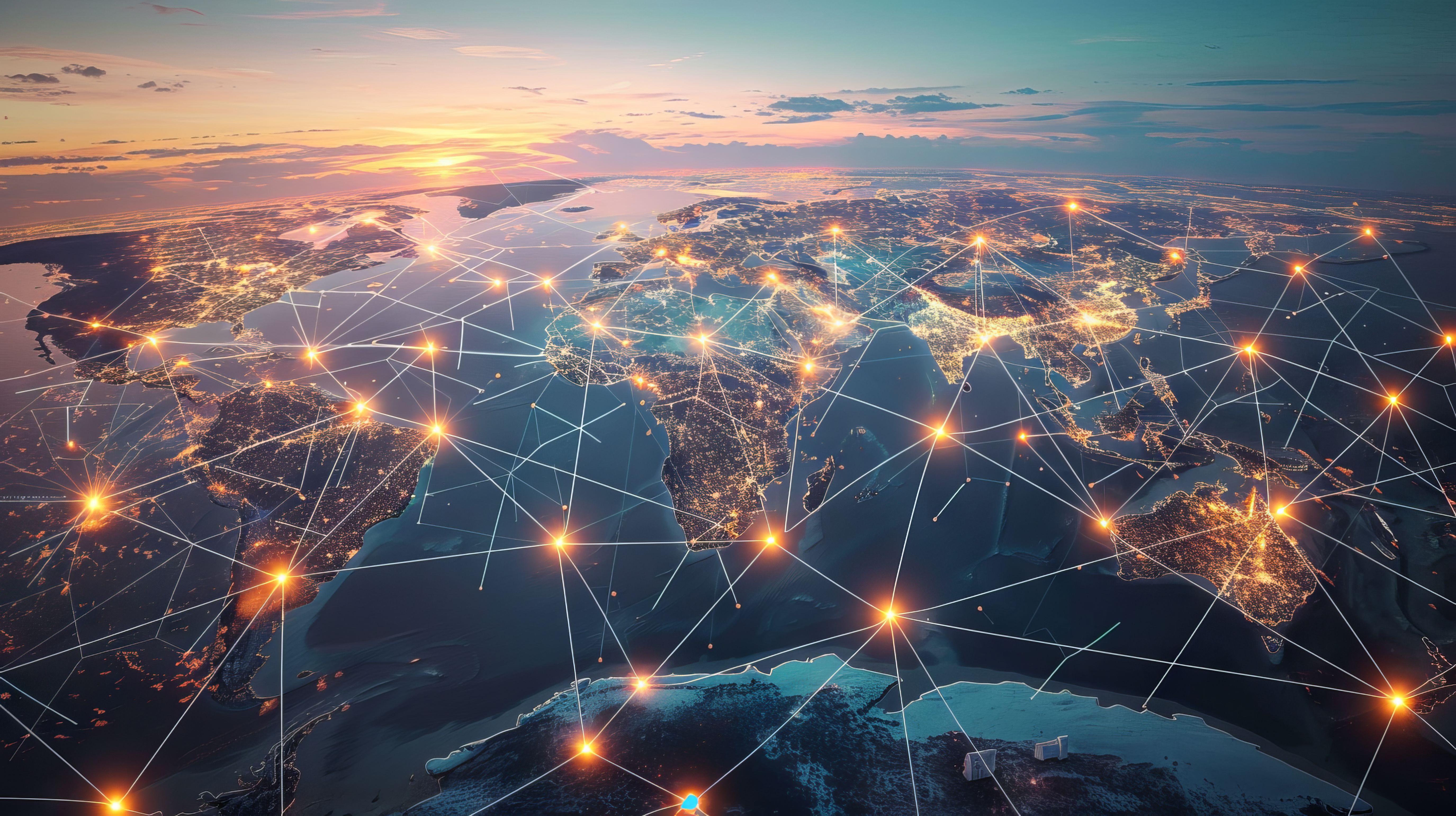 connected lights are overlaid on top of the globe to display global interconnectedness