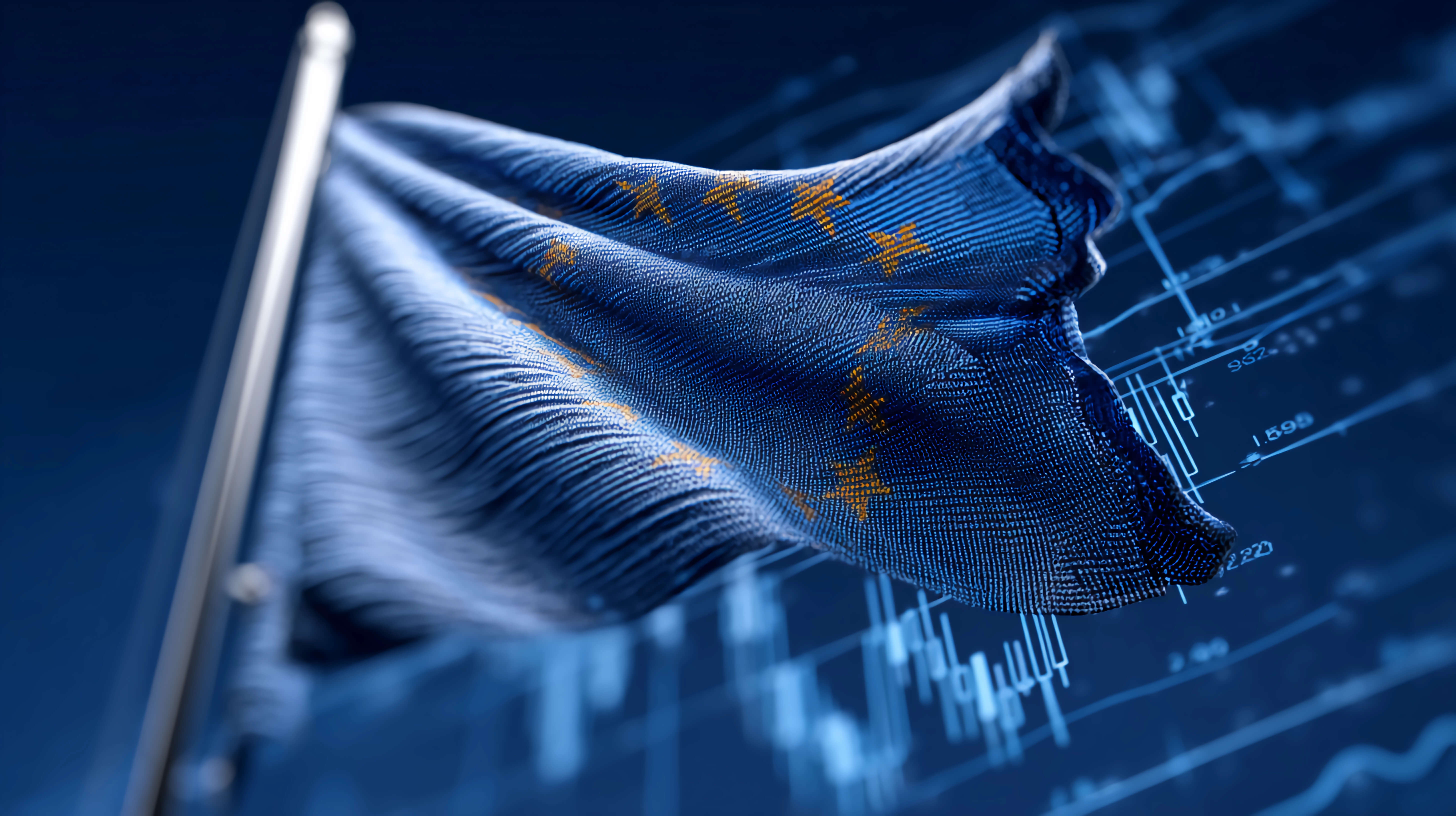The EU flag sways over a digital blue landscape