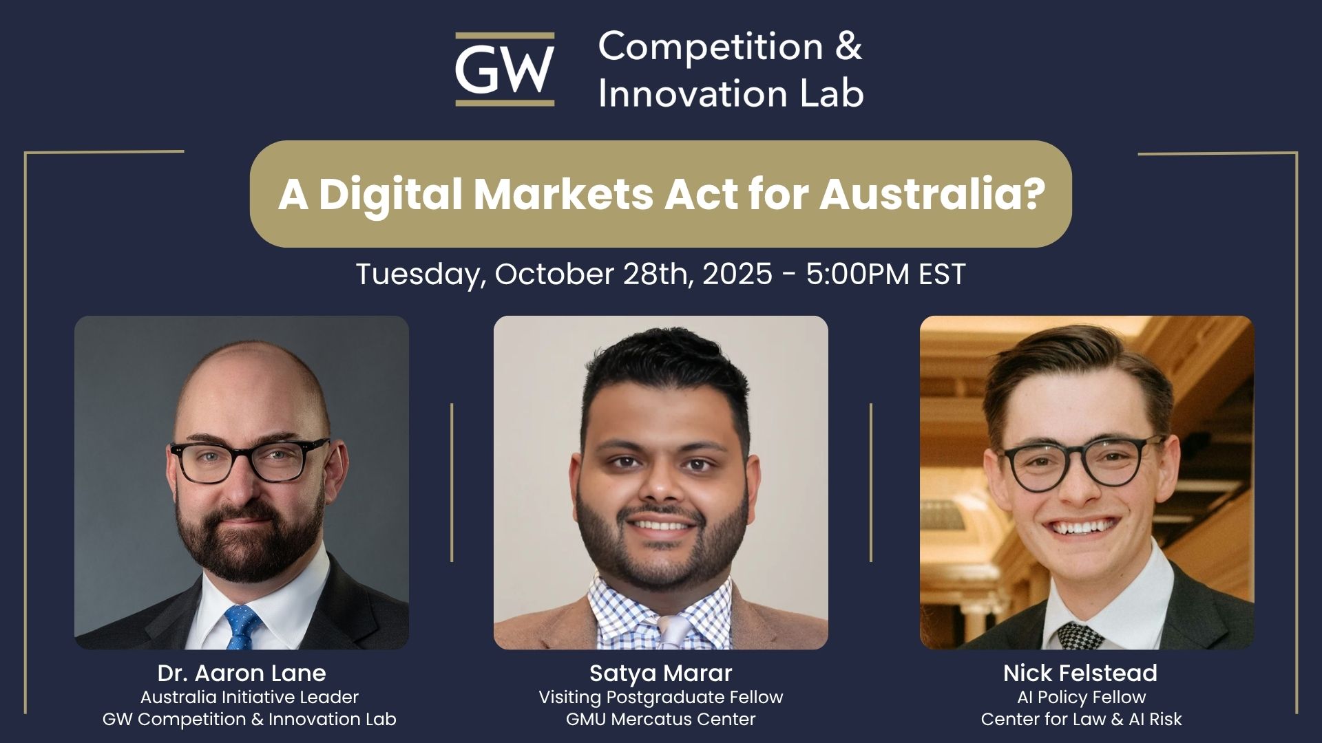 Flyer for webinar titled A Digital Markets Act for Australia? with pictures of the 3 participants. All information available as text on the webpage.