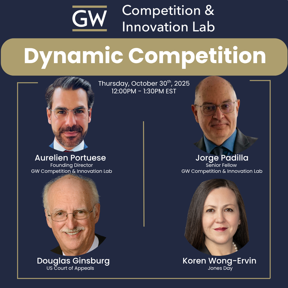 Dynamic Competition webinar flyer featuring the panelists - all text available on the main page