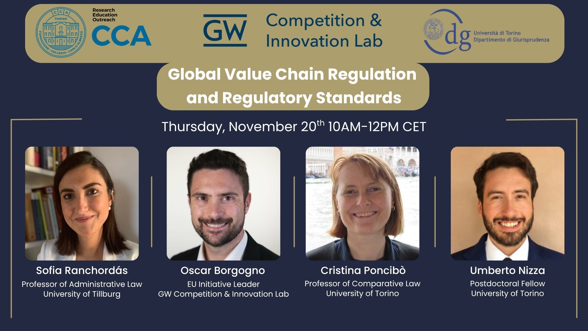 Flyer for webinar titled Global Value Chain Regulation and Regulatory Standards with pictures of the 3 participants. All information available as text on the webpage.