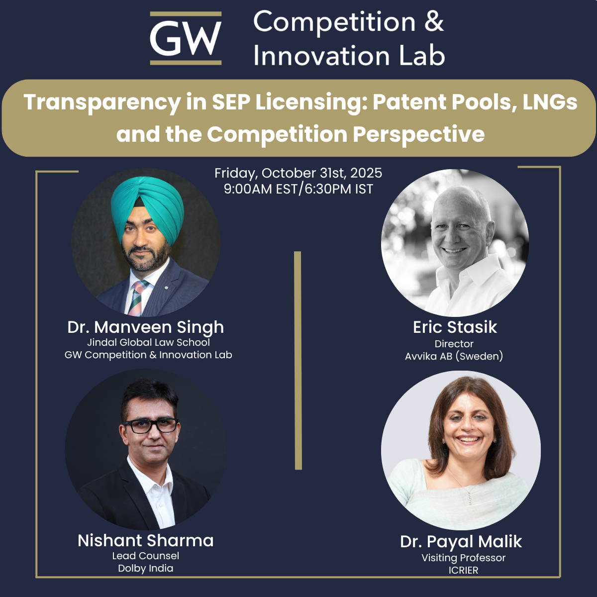 Flyer for a webinar titled "Transparency in SEP Licensing". It features images of the four participants - their names and credentials are listed in text on the site.
