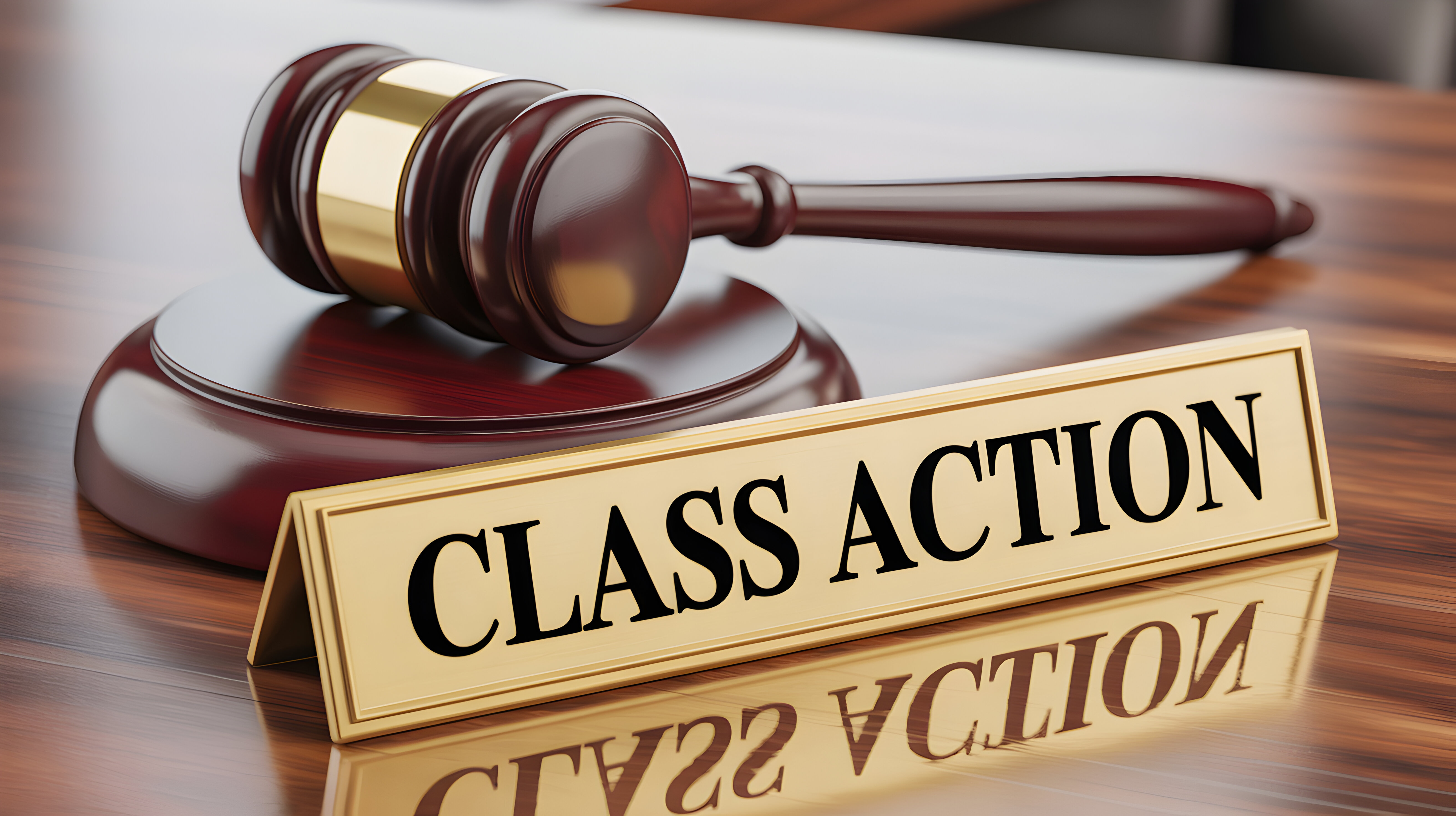 A placard that says CLASS ACTION in front of a gavel