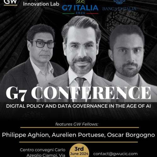 flyer for g7 conference featuring three men - philippe aghion, aurelien portuese, and oscar borgogno
