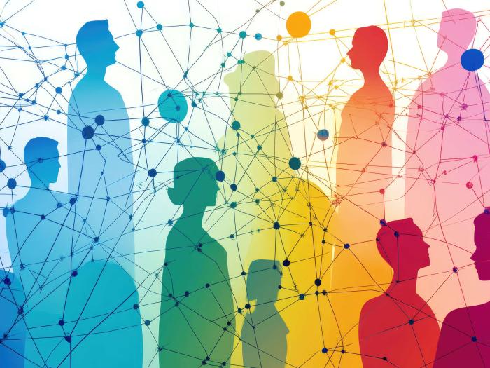 Multi-colored silhouettes with a graph behind them