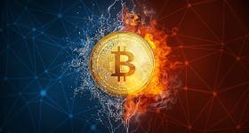 Bitcoin logo surrounded by blue color on the left half of the image and red color on the right half of the image