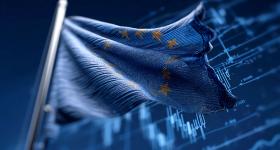 The EU flag sways over a digital blue landscape